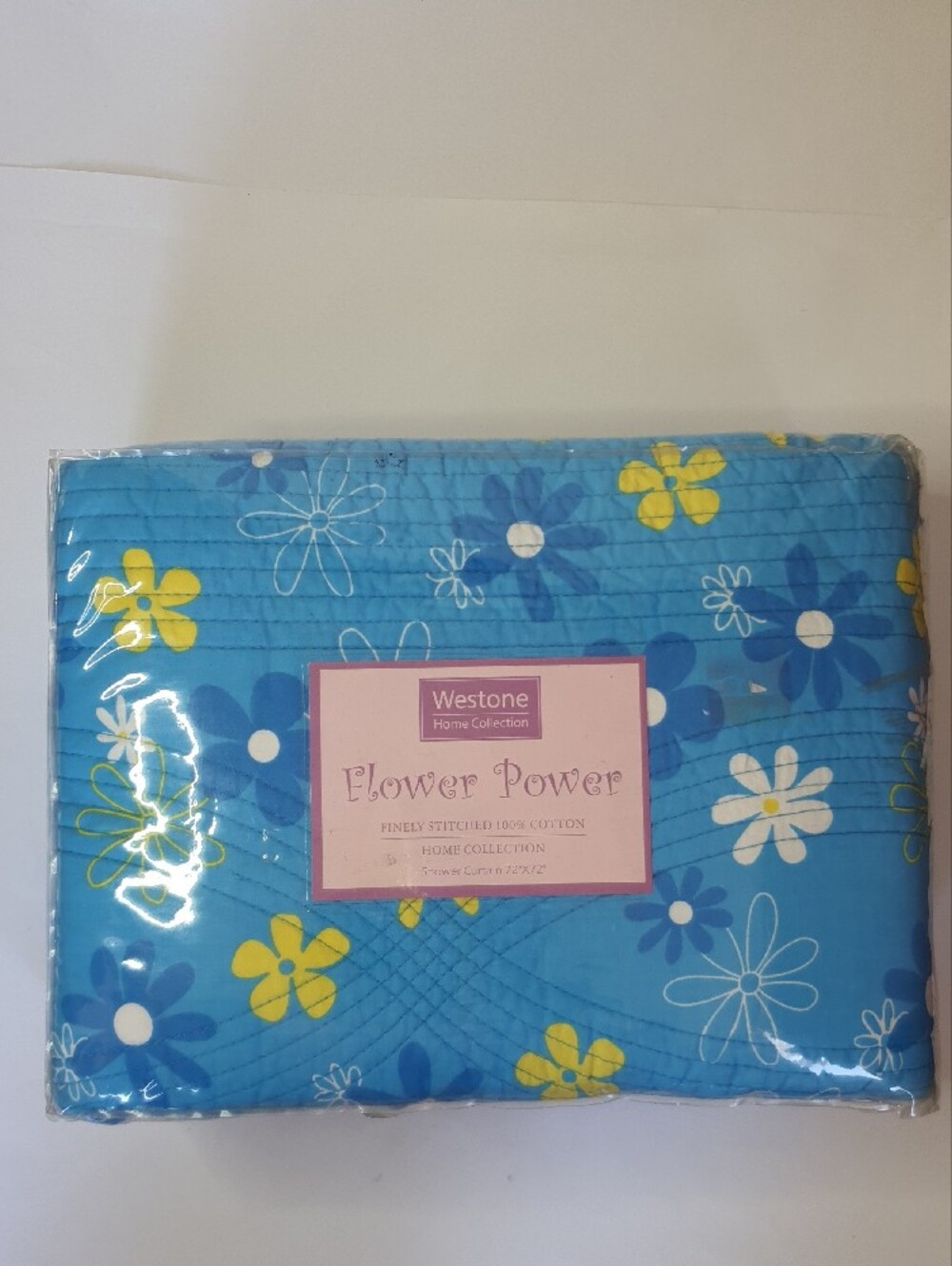 Flower Power Blue Thick 100% Cotton Shower Curtain